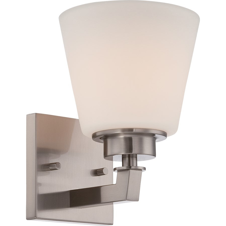Nuvo Mobili 1-Light Vanity Light | Transitional Brushed Nickel and Satin White Glass | Bathroom Vanity & Powder Room | 5.88 x 8.12 x 6.88 | Model 60-5451