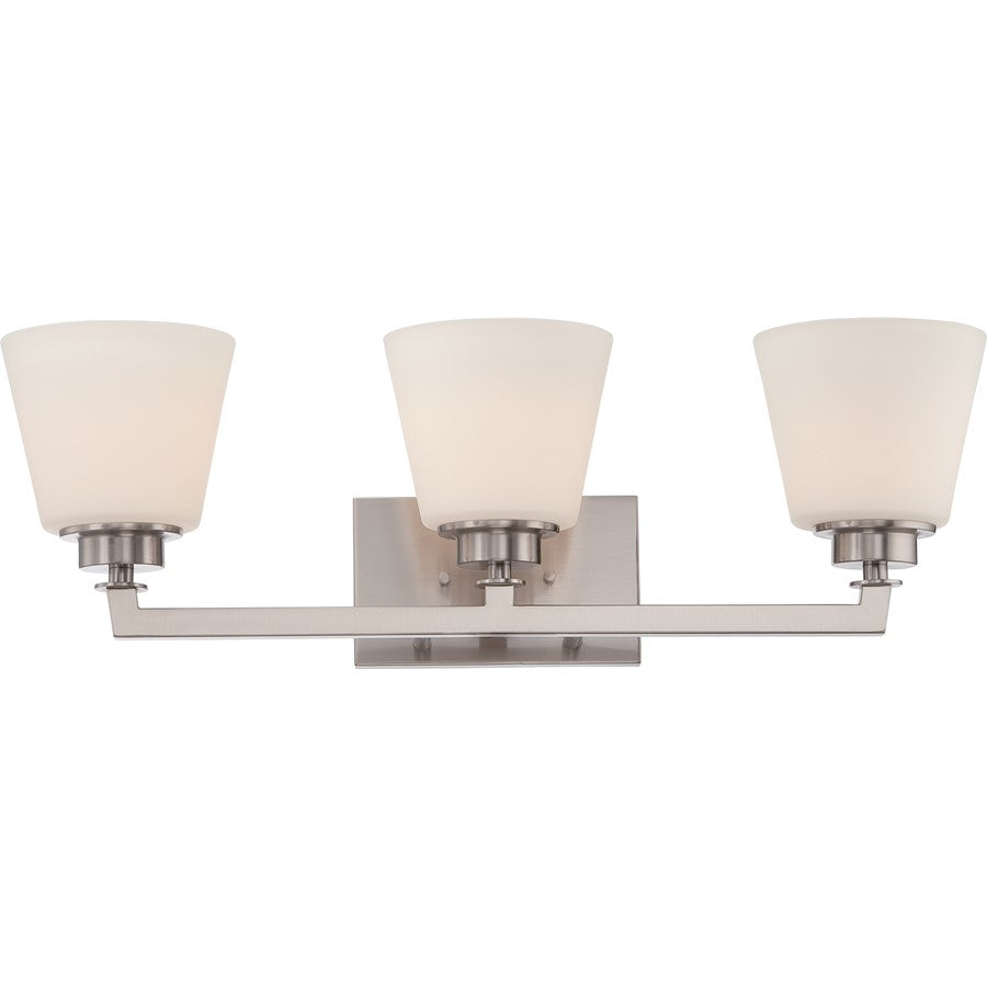 Nuvo Mobili 25in 3-Light Vanity Light | Transitional Brushed Nickel and Satin White Glass | Bathroom Vanity | 25 x 7.88 x 6.88 in | Model 60-5453