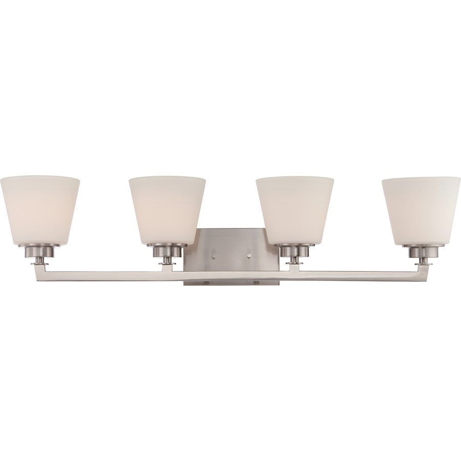 Nuvo Mobili 34in 4-Light Vanity Light | Transitional Brushed Nickel and Satin White Glass | Bathroom Vanity | 34.62 x 7.88 x 6.88 in | Model 60-5454
