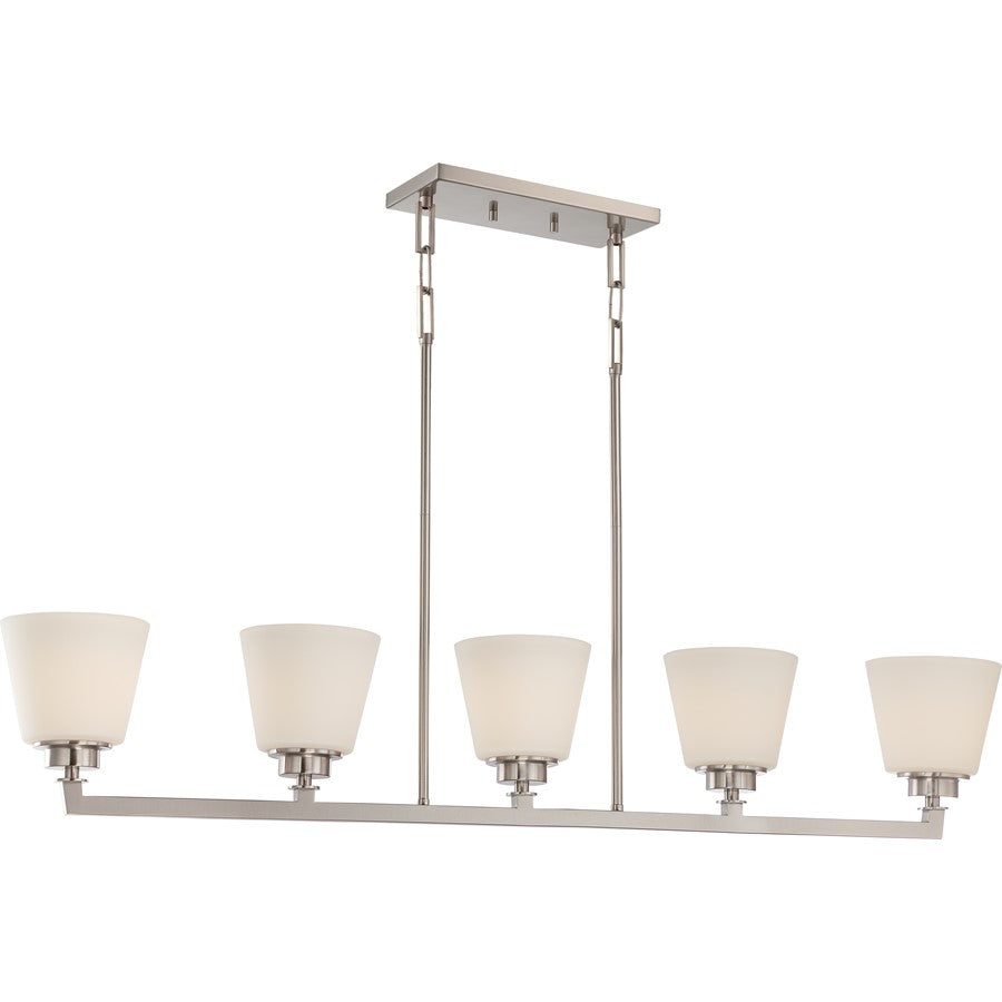 Nuvo Mobili 44in 5-Light Island Pendant | Transitional Brushed Nickel and Satin White Glass | Kitchen Island & Dining Room | 44 x 6 x 43 in | Model 60-5455