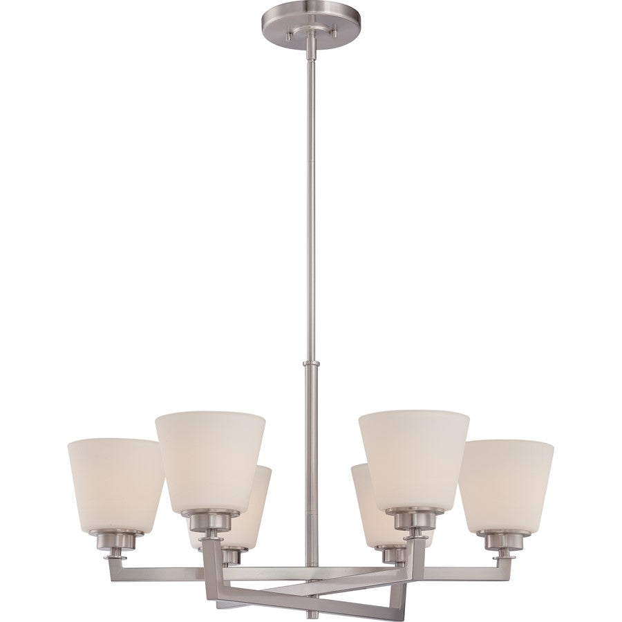 Nuvo Mobili 28in 6-Light Chandelier | Transitional Brushed Nickel and Satin White Glass | Dining Room & Living Room | 28 x 28 x 53 in | Model 60-5456