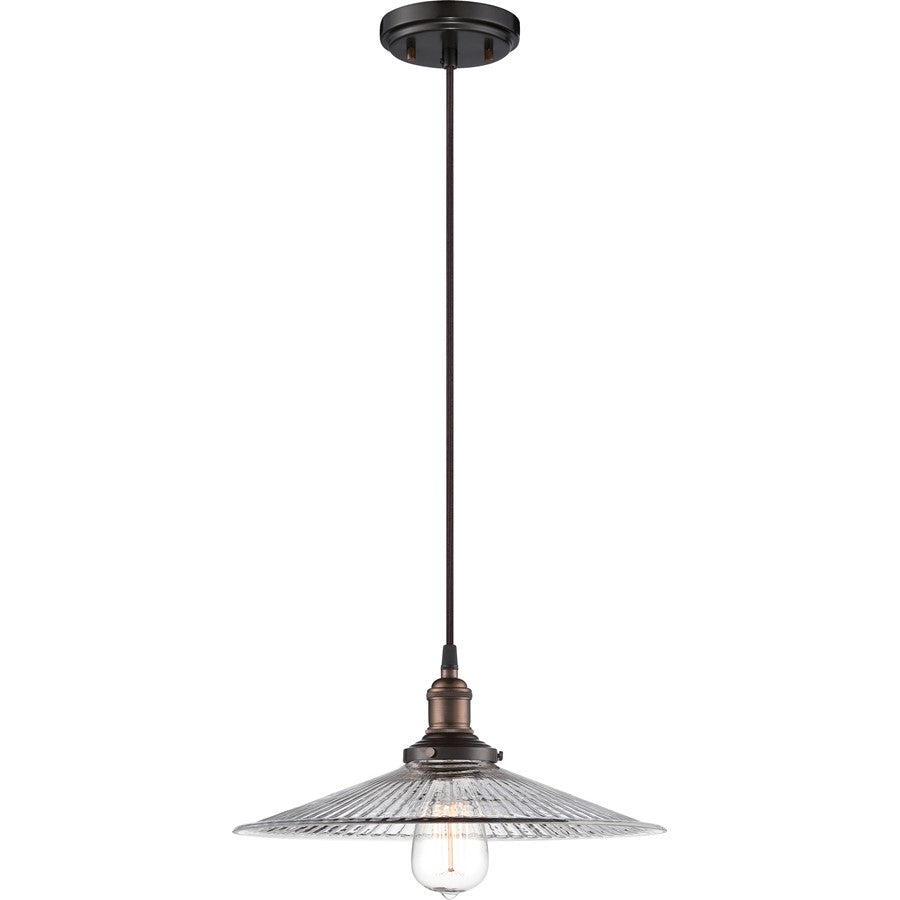 Nuvo Vintage 14in 1-Light Pendant | Transitional Rustic Bronze and Clear Ribbed Glass | Kitchen Island & Dining Room | 14 x 14 x 6 in | Model 60-5516