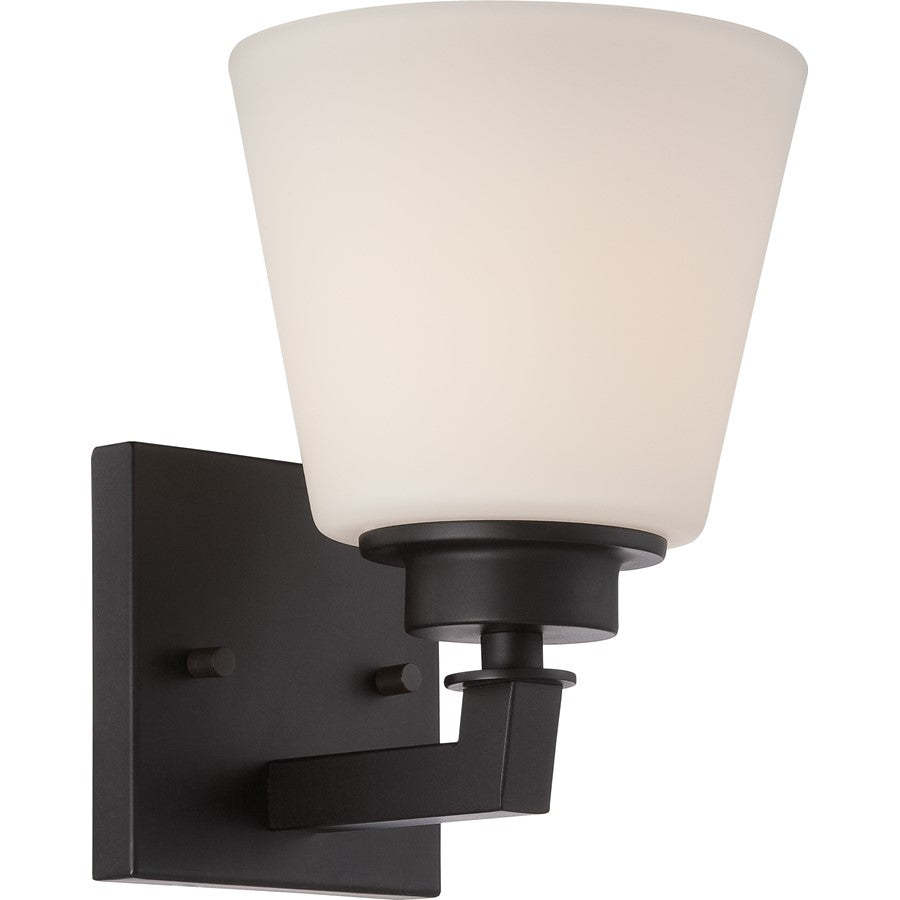 Nuvo Mobili 1-Light Vanity Light | Transitional Aged Bronze and Satin White Glass | Bathroom Vanity | 5.88 x 8.12 in | Model 60-5551