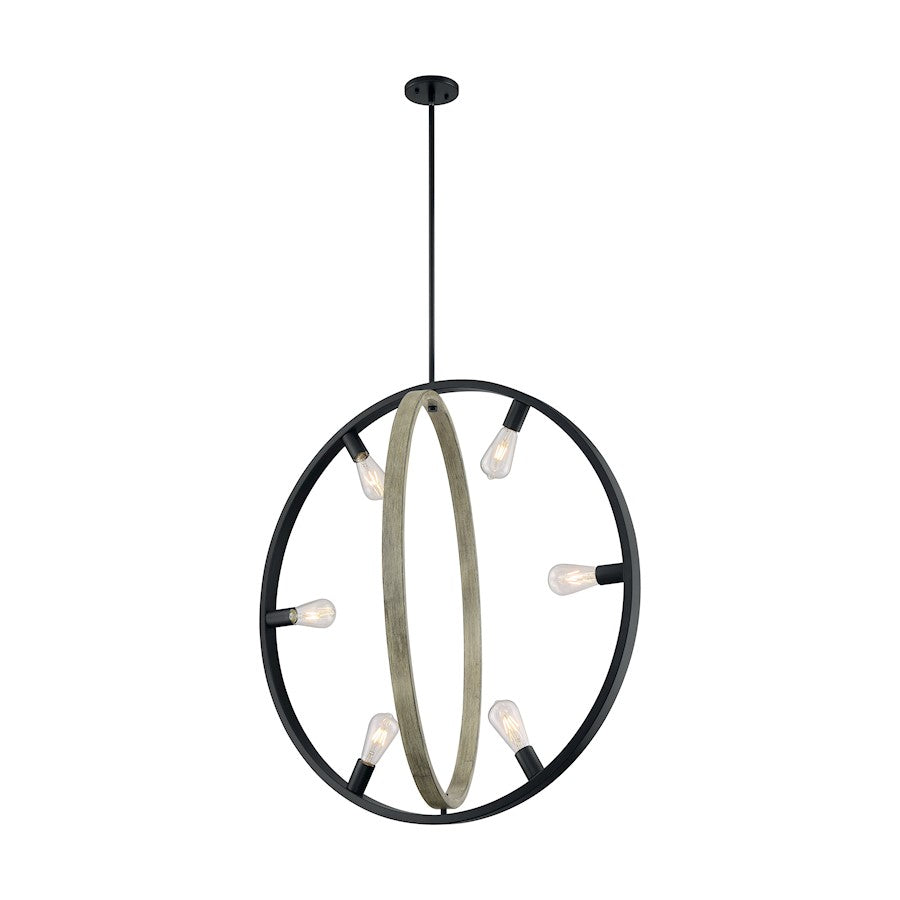 6 Light Pendant, Black/Wood