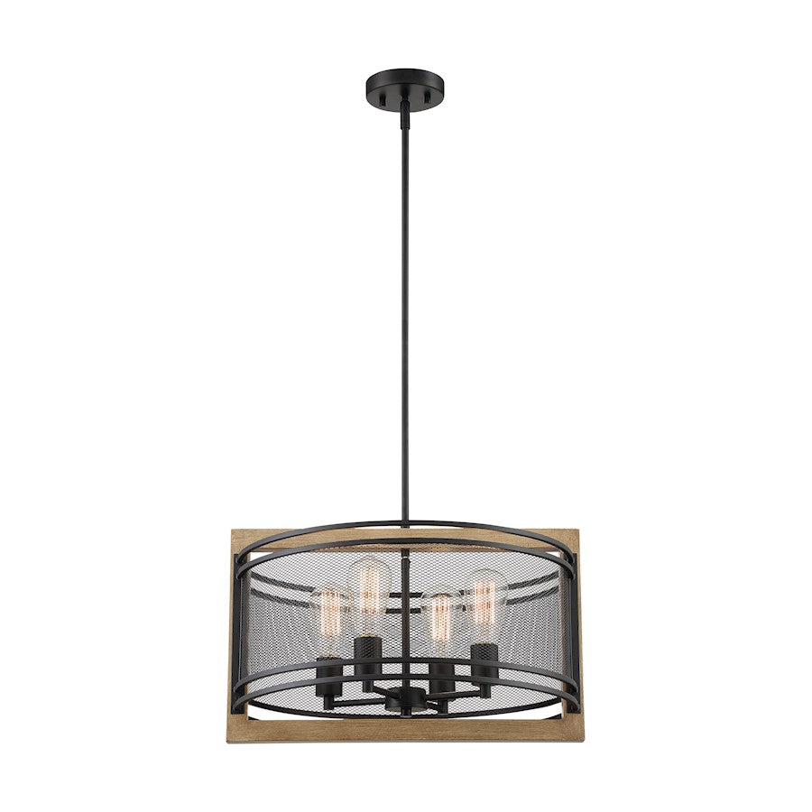 4 Light Pendant, Black/Honey Wood