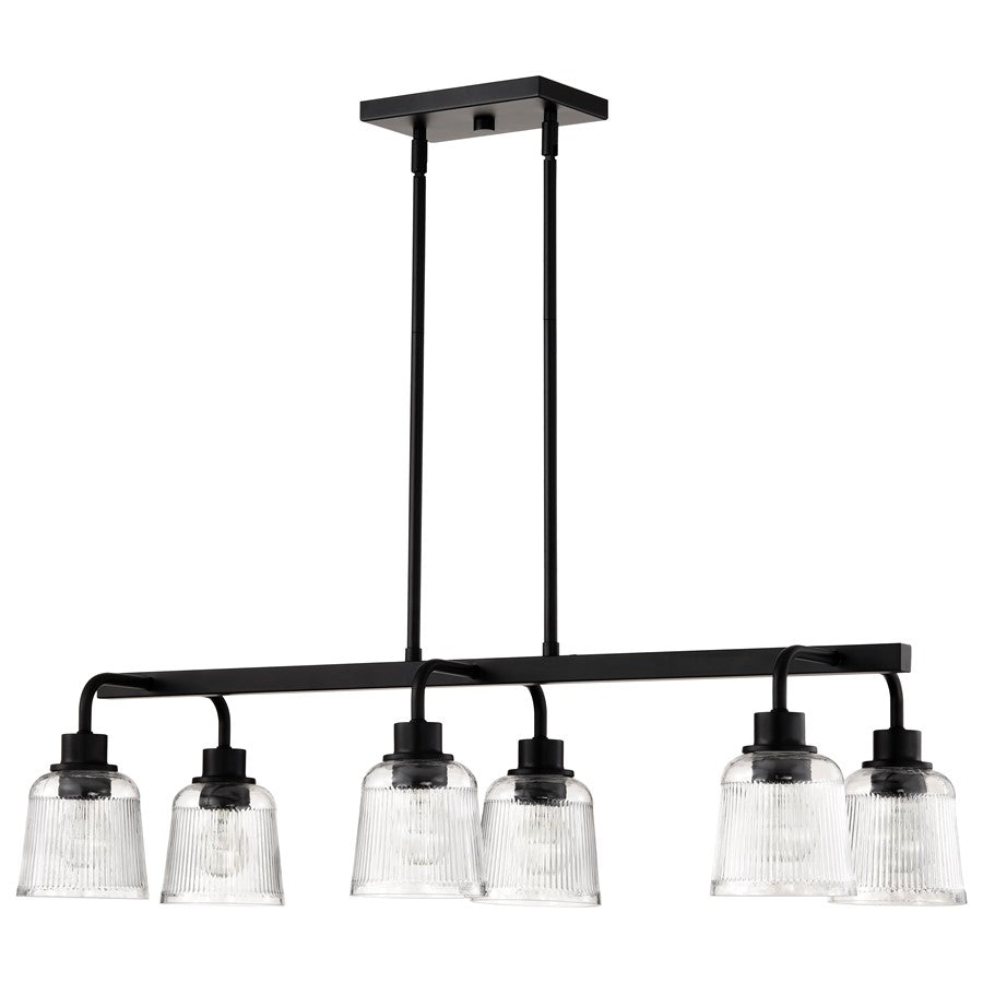 Nuvo Lighting Grayson 34in 6-Light Island Pendant | Transitional Matte Black Steel and Clear Ribbed Glass | Kitchen Island & Dining Room | Model 60-8610