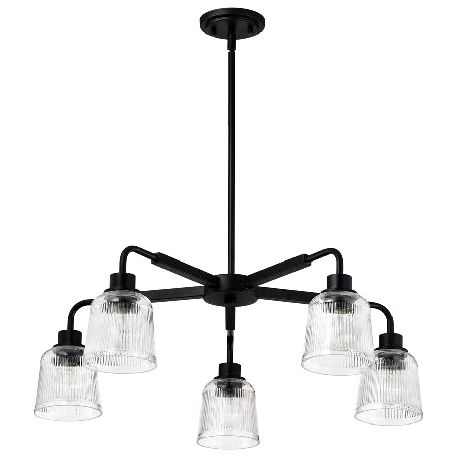 Nuvo Lighting Grayson 30in 5-Light Chandelier | Transitional Matte Black and Clear Ribbed Glass | Dining Room & Living Room | 30 x 30 x 45 | Model 60-8611