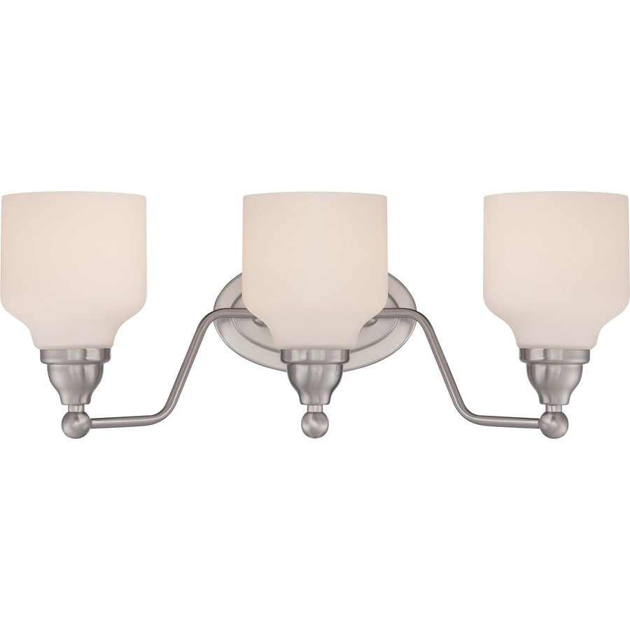 Nuvo Kirk 21in 3-Light Vanity Light | Transitional Polished Nickel and Satin White Glass | Bathroom Vanity | 21 x 8.25 x 8.12 in | Model 62-388