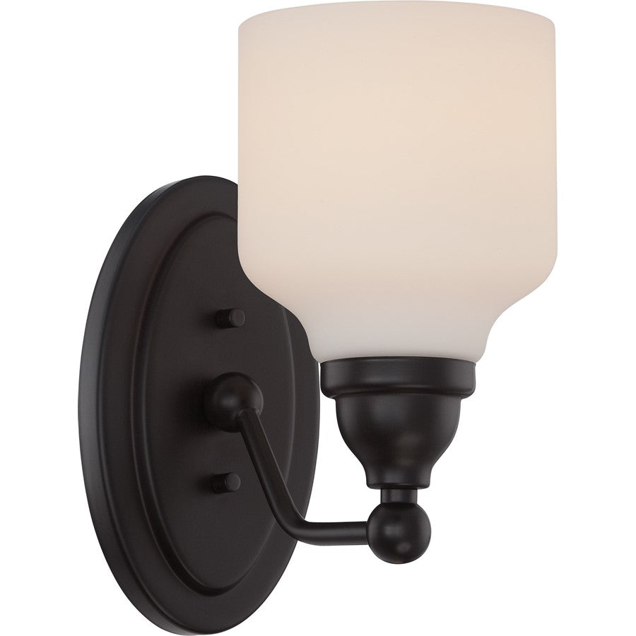 Nuovo Kirk 9in 1-Light Vanity Light | Transitional Mahogany Bronze and Satin White Glass | Bathroom Vanity | 4.88 x 8.12 x 9.38 in | Model 62-396