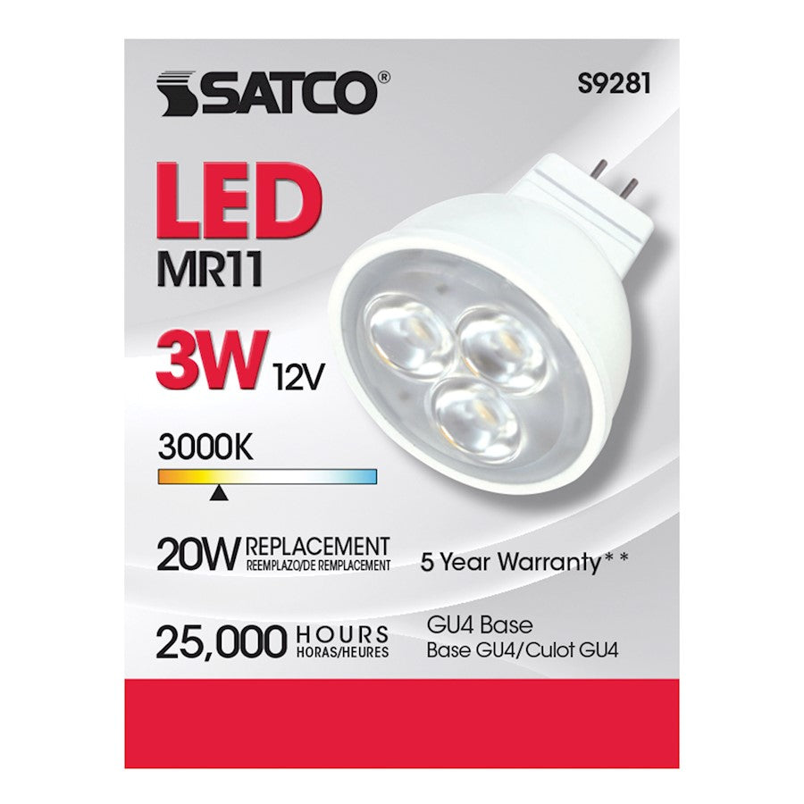 Nuvo Lighting Satco 3W LED MR11 3000K 25° Beam | Clear Glass GU4 Bi-Pin Base | Accent & Display Lighting | 210 Lumens, 80 CRI, Dimmable | Model S9281
