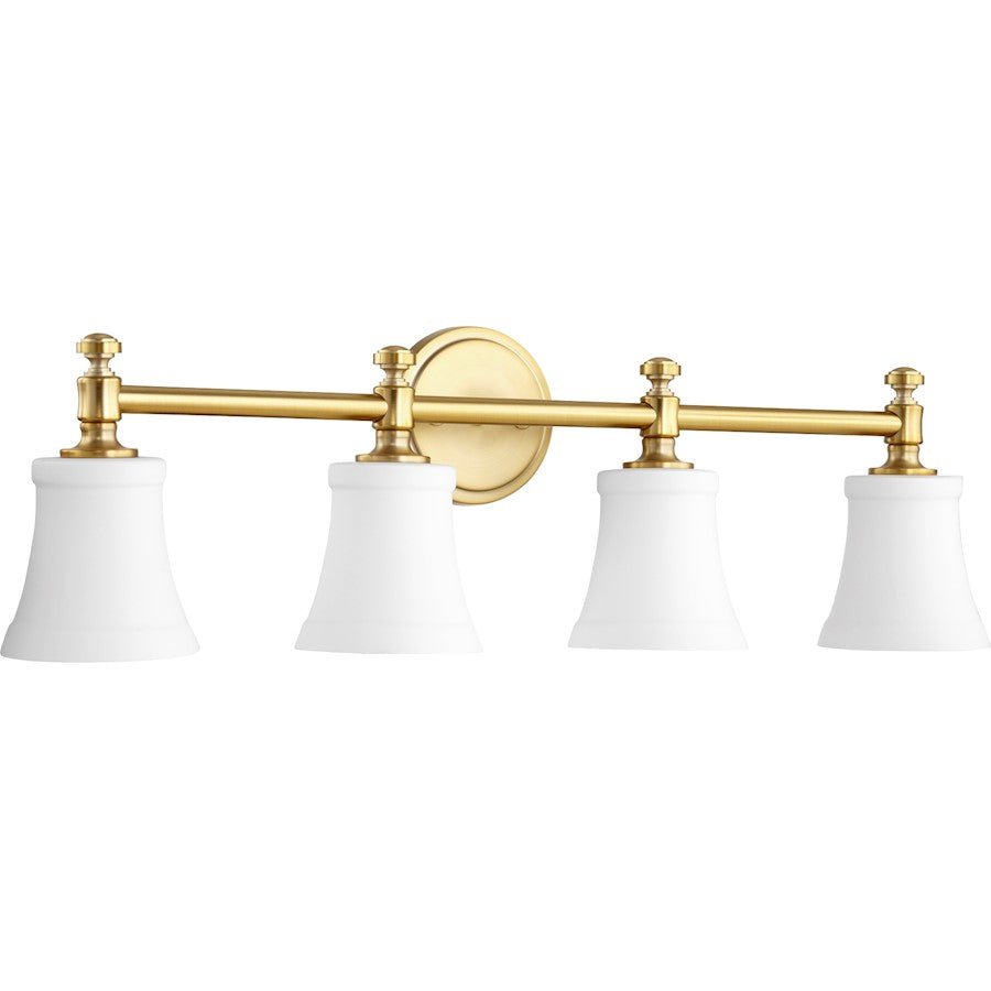 Quorum Rossington 4 Light 30' Vanity, Aged Brass/Satin Opal