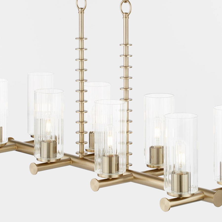 8 Light Linear Chandelier, Aged Brass