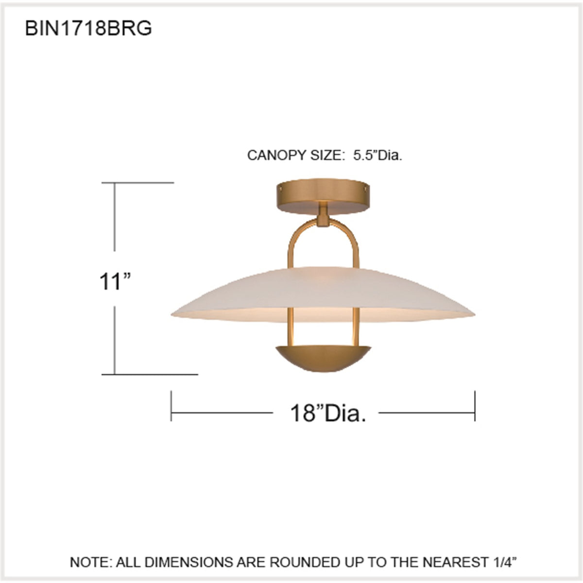 Quoizel Bingham 18in Semi-Flush Mount | Modern Brushed Gold and White Metal | Bedroom & Hallway Ceiling Light | 18 x 18 x 11 in | Model BIN1718BRG