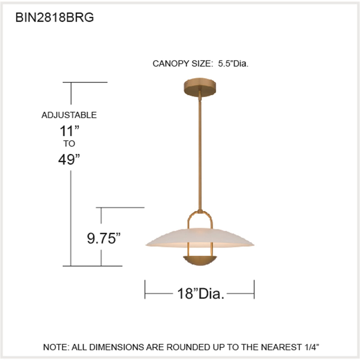 Quoizel Bingham 18in 1-Light Pendant | Modern Brushed Gold and Matte White Metal | Kitchen Island & Dining Room | 18 x 18 x 9.75 in | Model BIN2818BRG