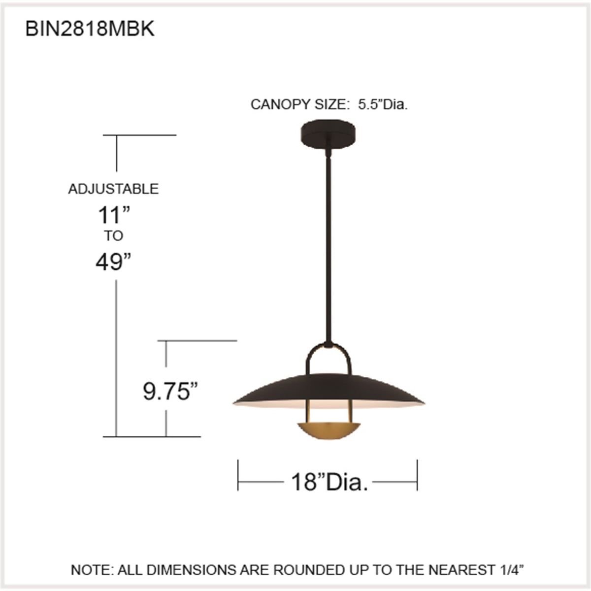 Quoizel Bingham 18in 1-Light Pendant | Modern Matte Black and Gold Metal | Kitchen Island & Dining Room | 18 x 18 x 9.75 in | Model BIN2818MBK
