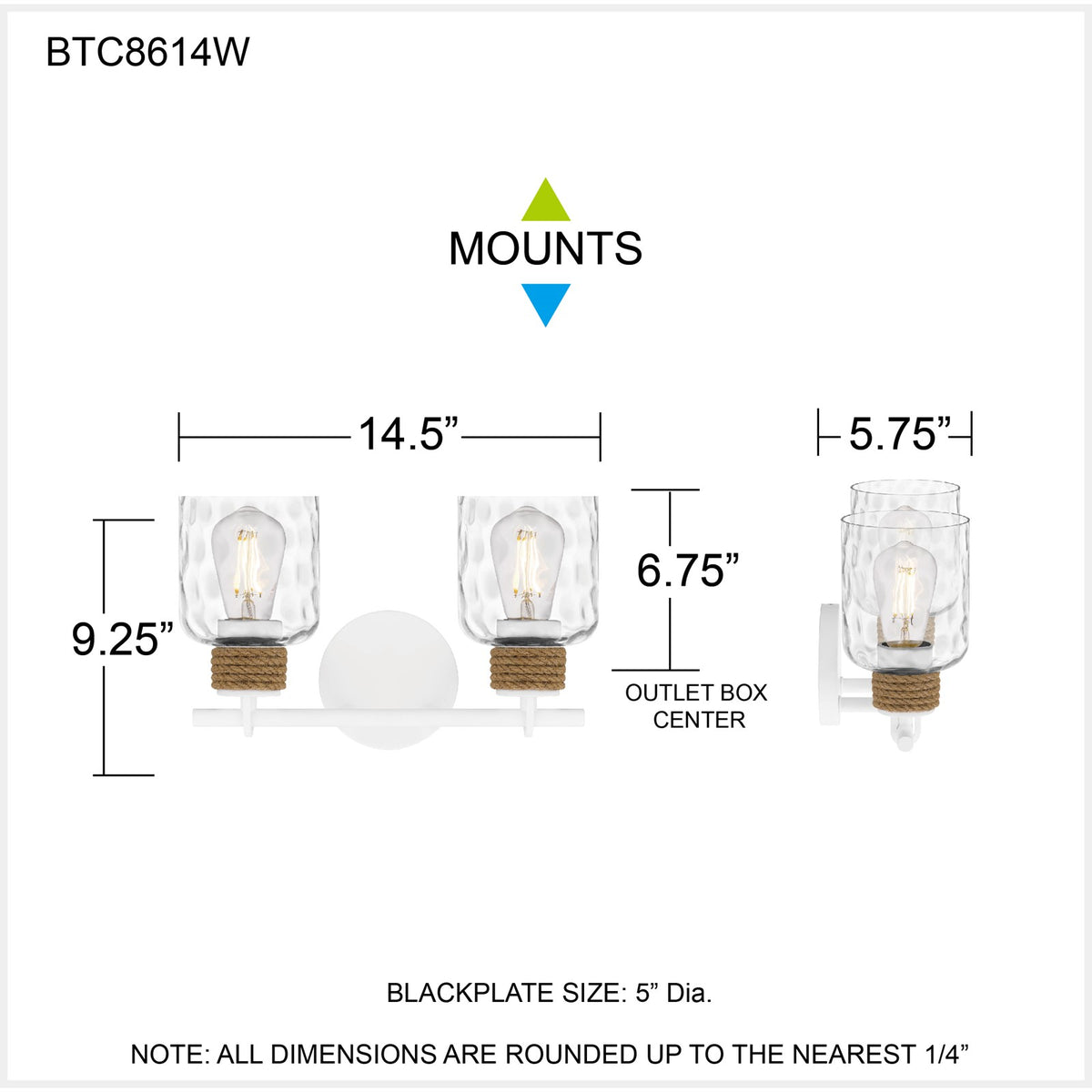 Quoizel Baltic 14in 2-Light Vanity Light | Coastal Matte White and Clear Water Glass | Bathroom Vanity | 14.5 x 5.75 x 9.25 in | Model BTC8614W