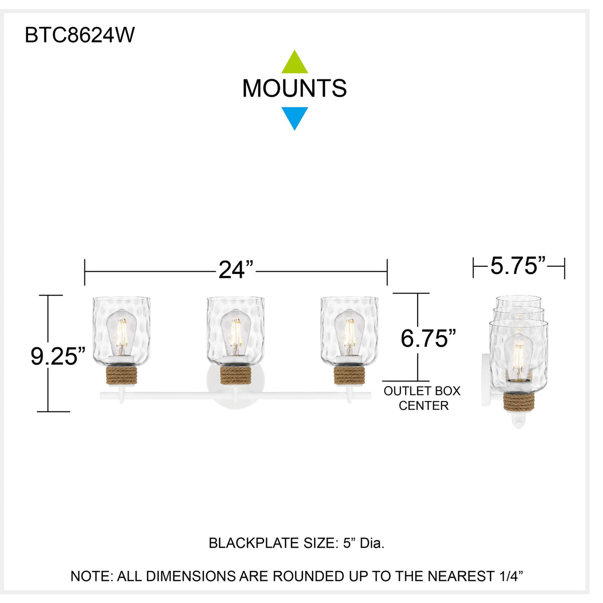 Quoizel Baltic 24in 3-Light Vanity Light | Coastal Matte White and Clear Water Glass | Bathroom Vanity & Powder Room | Model BTC8624W