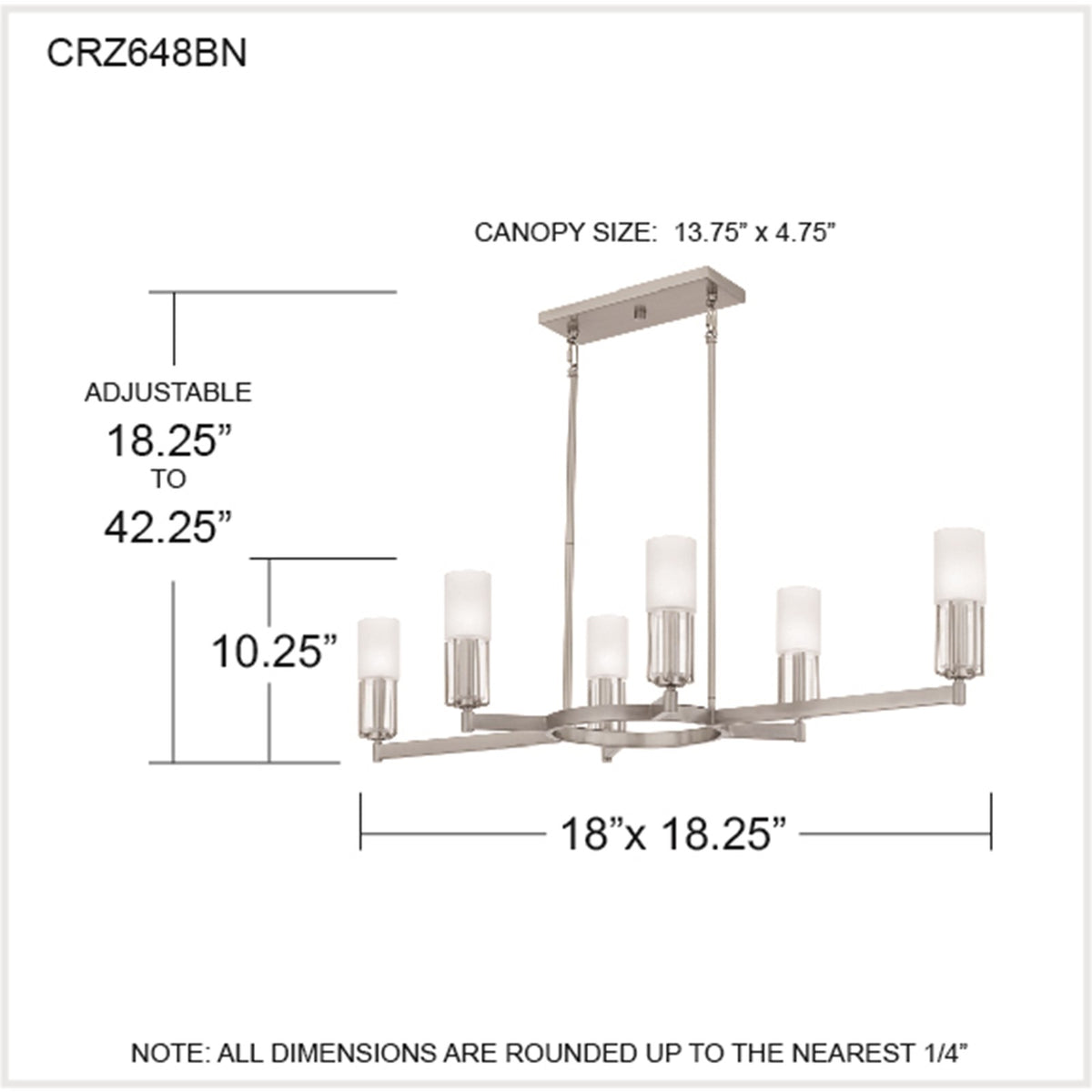 Quoizel Cruz 48in 6-Light Island Chandelier | Transitional Brushed Nickel and Clear Etched Glass | Kitchen Island | Model CRZ648BN