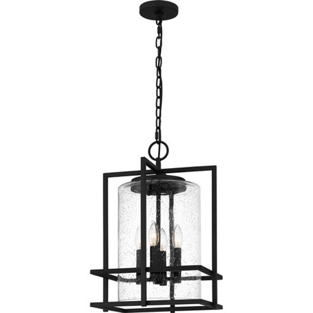 Quoizel Damien 14in 4-Light Pendant | Transitional Earth Black and Clear Seedy Glass | Kitchen Island & Dining Room | Model DMN3514EK