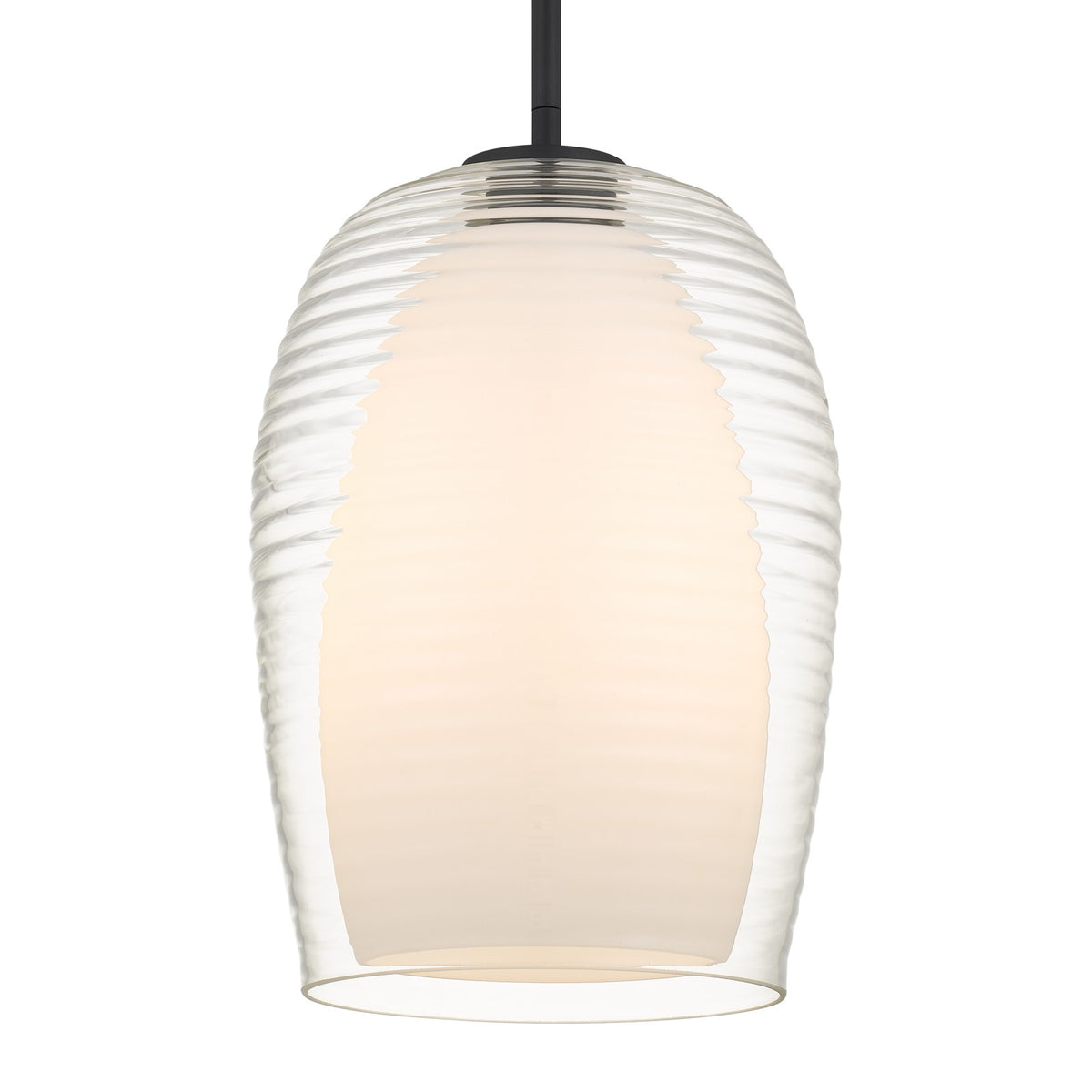 Quoizel Evelynn 10in 1-Light Mini Pendant | Transitional Matte Black and Clear Ribbed Glass | Kitchen Island & Bar | Model EVN1510MBK