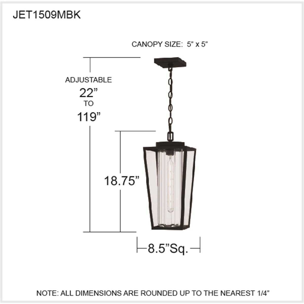 Quoizel Jett 9in 1-Light Mini Pendant | Transitional Matte Black and Clear Glass | Kitchen Island & Bar | 8.5 x 8.5 x 18.75 in | Model JET1509MBK