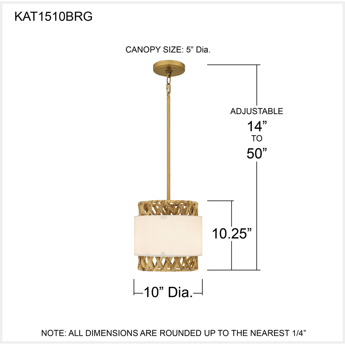 Quoizel Kate 10in 1-Light Mini Pendant | Coastal Brushed Gold and White Linen Rattan | Kitchen Island & Dining Room | Model KAT1510BRG