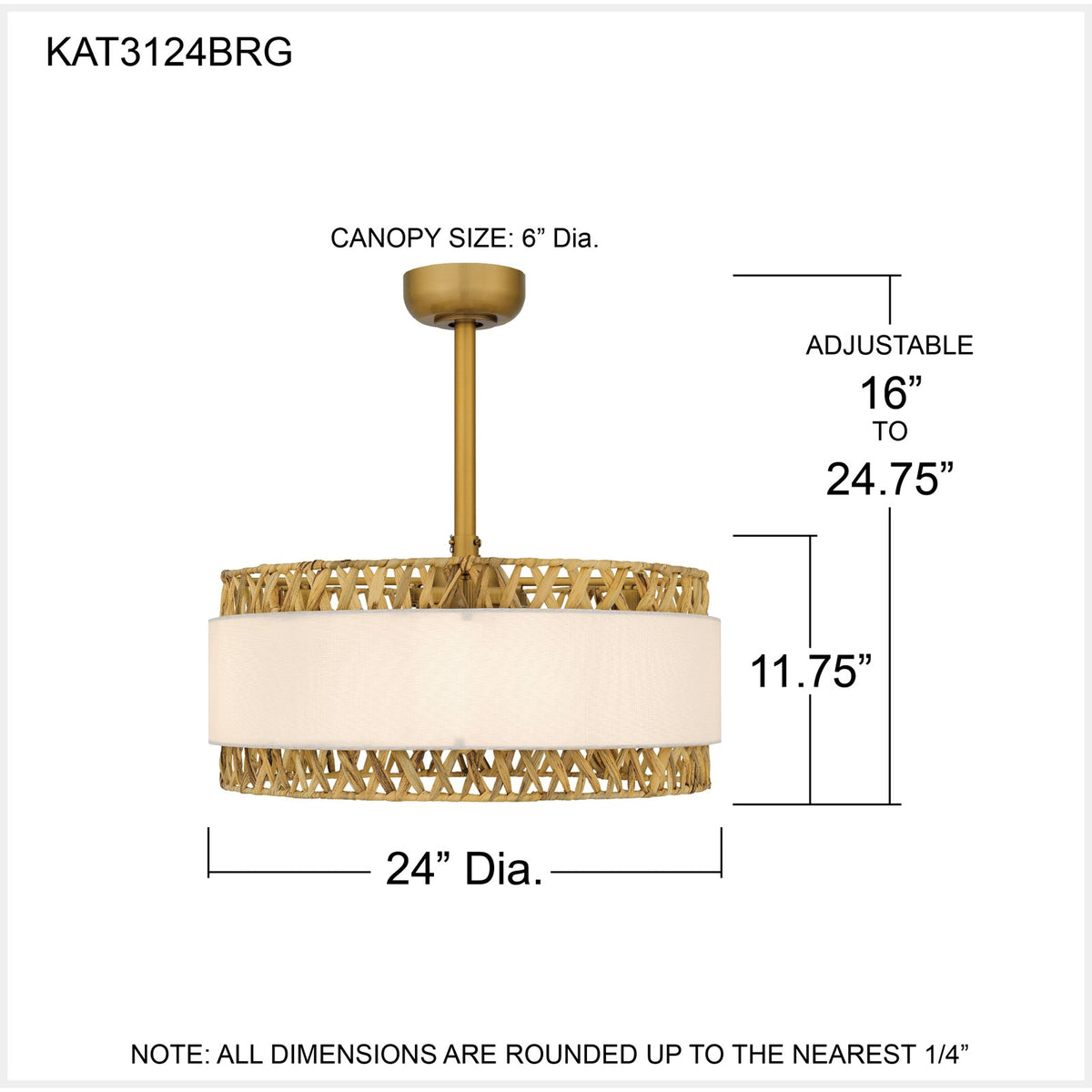 Quoizel Kate 24in 4-Light Fandelier | Coastal Brushed Gold and White Linen Rattan | Bedroom & Living Room | 24 x 24 x 11.75 in | Model KAT3124BRG