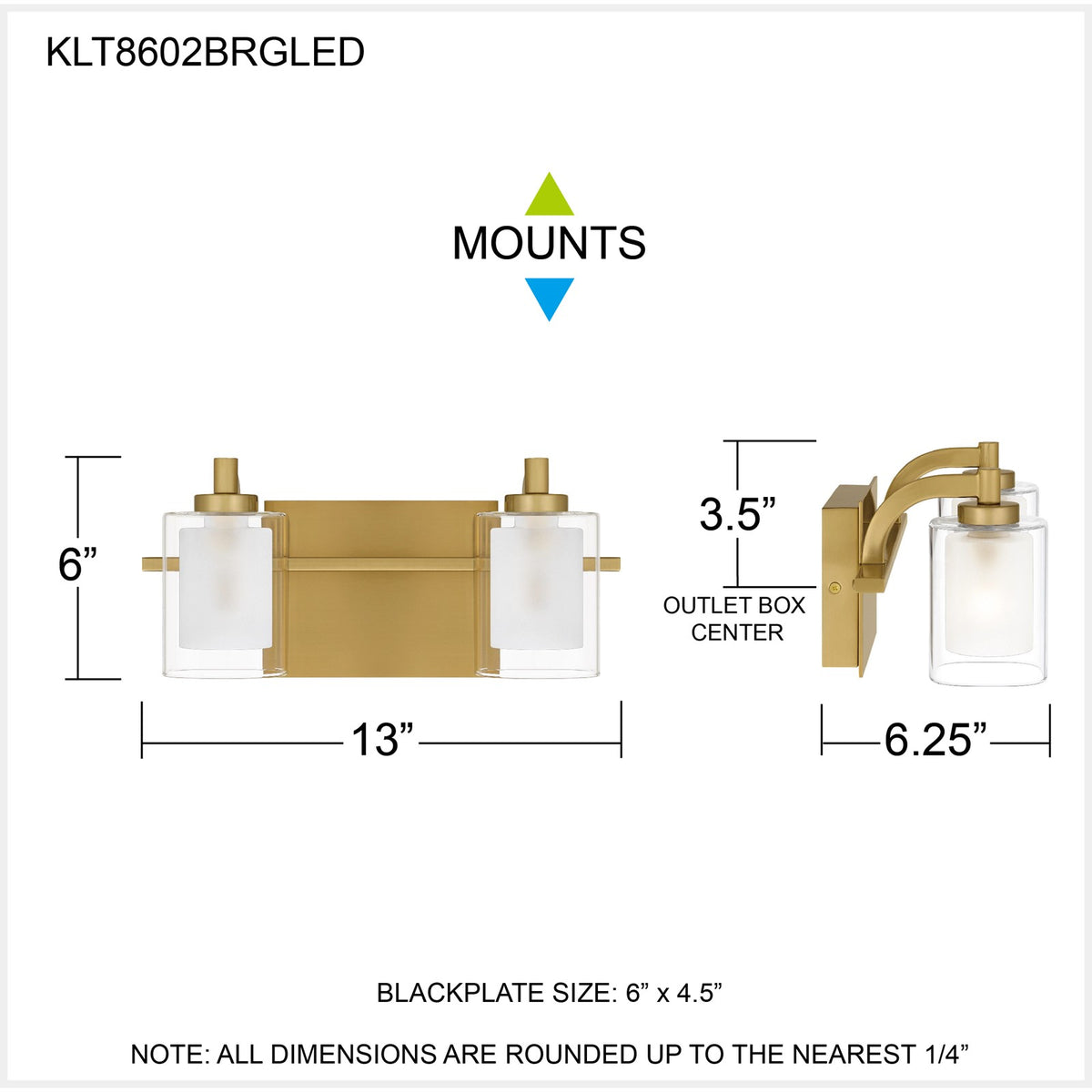 Quoizel Kolt 13in 2-Light Vanity Light | Modern Brushed Gold and Clear Glass | Bathroom & Powder Room | 13 x 6.25 x 6 in | Model KLT8602BRGLED