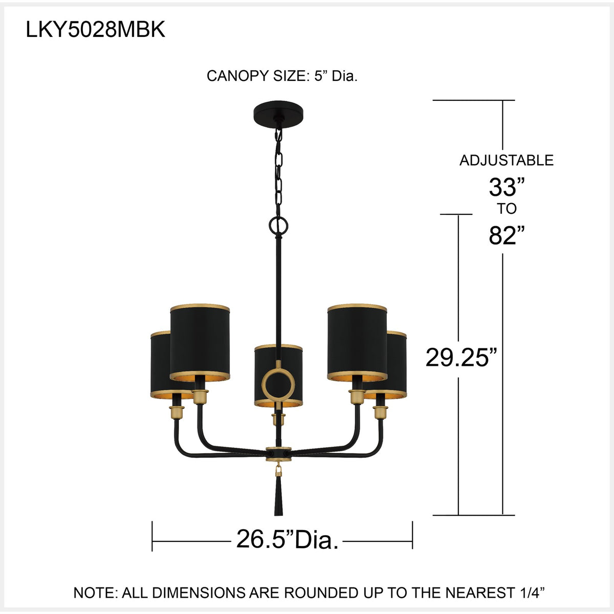 Quoizel Lockery 26in 5-Light Chandelier | Traditional Matte Black and Gold Steel | Dining Room & Foyer | 26 x 26 x 29 in | Model LKY5028MBK