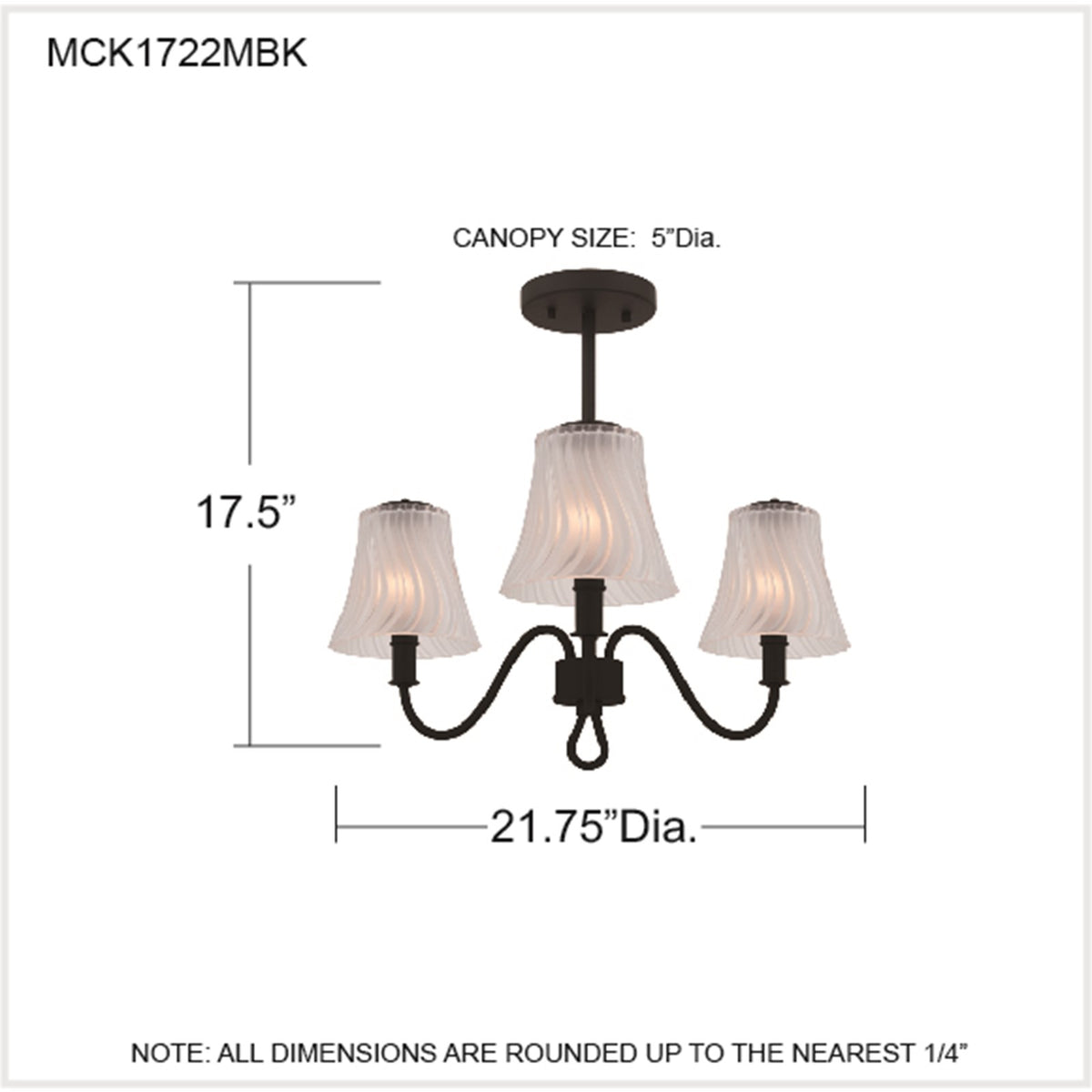 Quoizel McKinney 21in 3-Light Semi-Flush Mount | Traditional Matte Black and Etched Swirl Glass | Bedroom & Foyer | Model MCK1722MBK