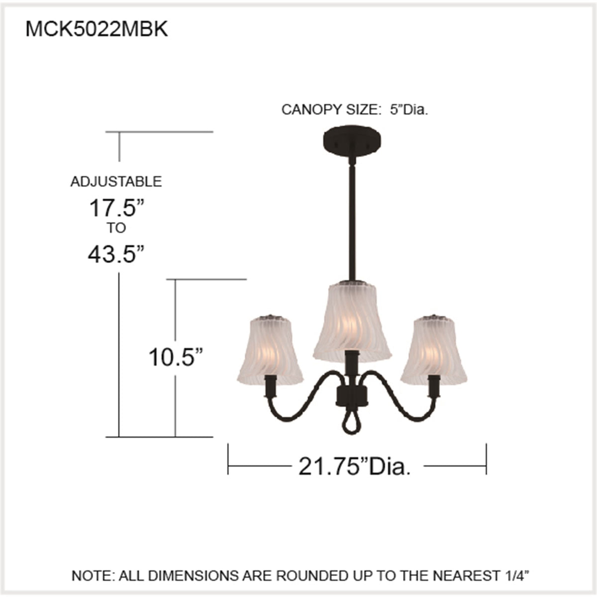 Quoizel McKinney 22in 3-Light Chandelier | Traditional Matte Black and Etched Swirl Glass | Dining Room & Foyer | Model MCK5022MBK
