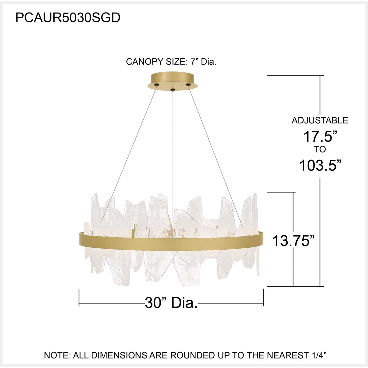 Quoizel Aurelia 30in Round Chandelier | Modern Soft Gold and White Swirl Glass | Dining Room & Living Room | 30 x 30 x 13.75 in | Model PCAUR5030SGD