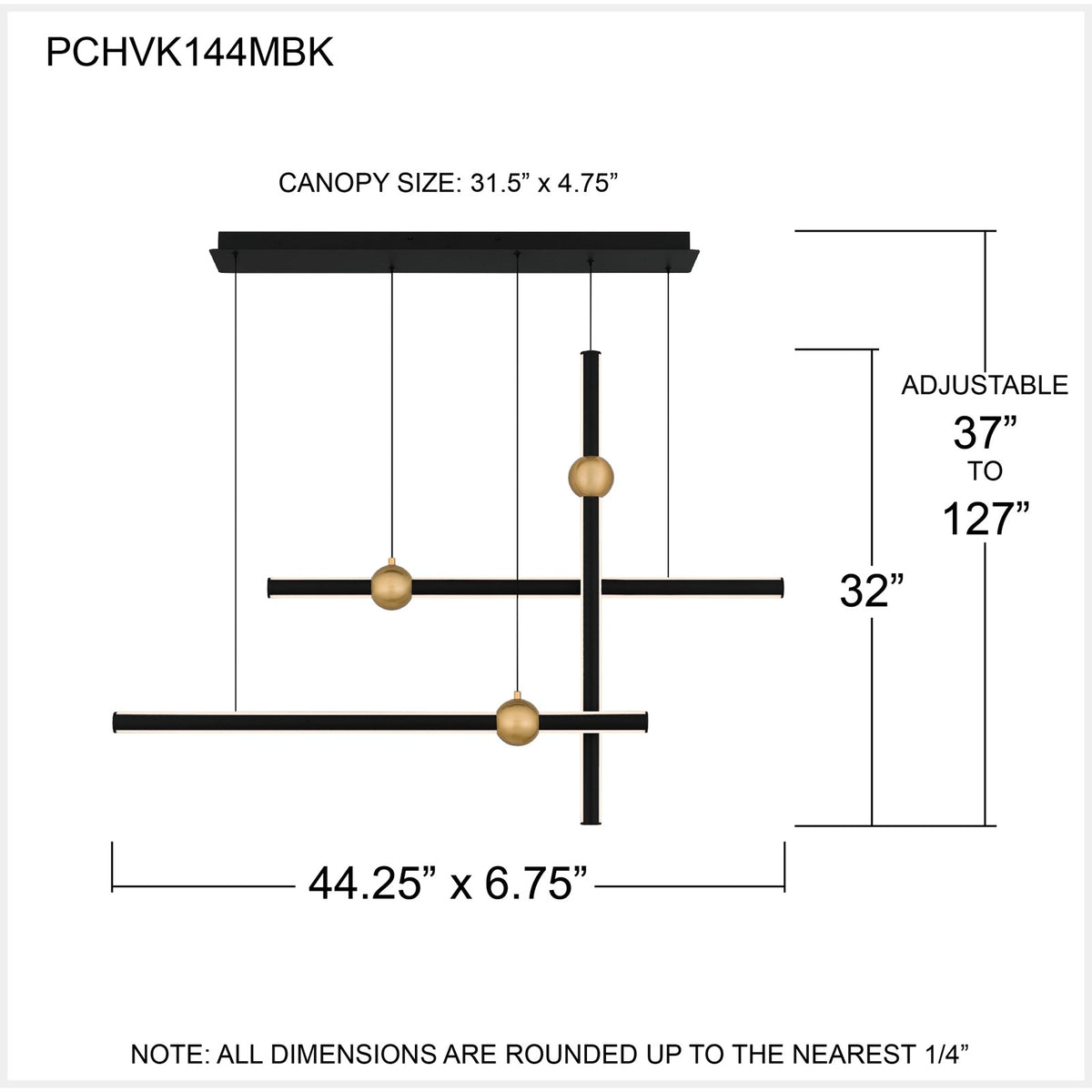 Quoizel Harvick 44in Linear Island Chandelier | Modern Matte Black and Gold LED | Kitchen Island & Dining Room | Model PCHVK144MBK