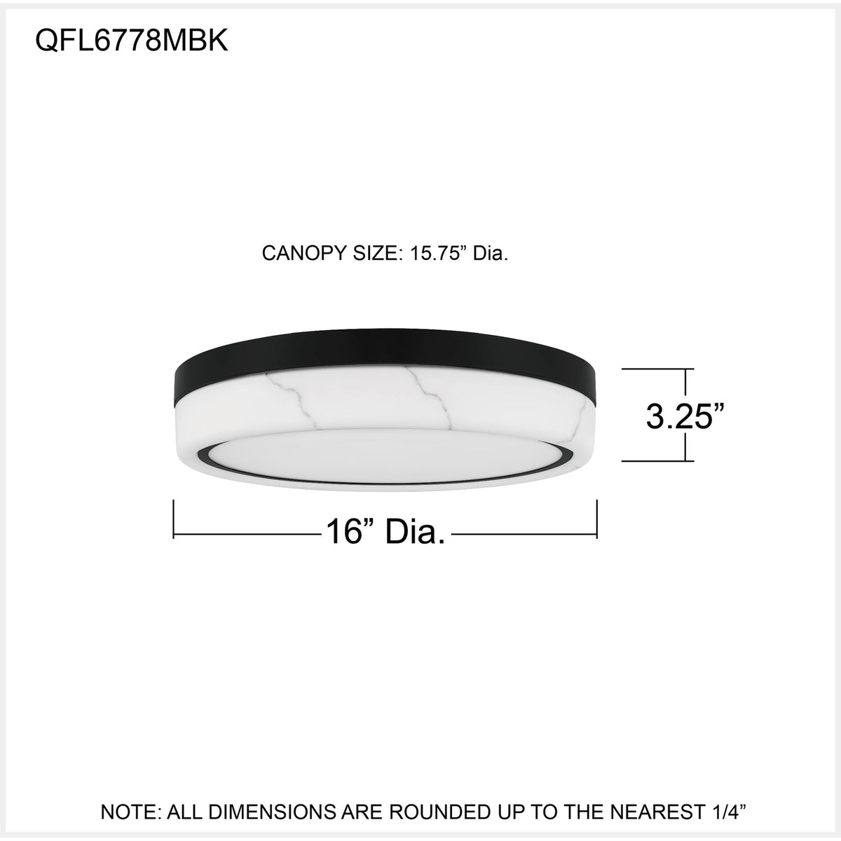Quoizel Gasper 16in LED Flush Mount | Contemporary Matte Black and Alabaster Glass | Bedroom & Hallway | 16 x 16 x 3.25 in | Model QFL6778MBK