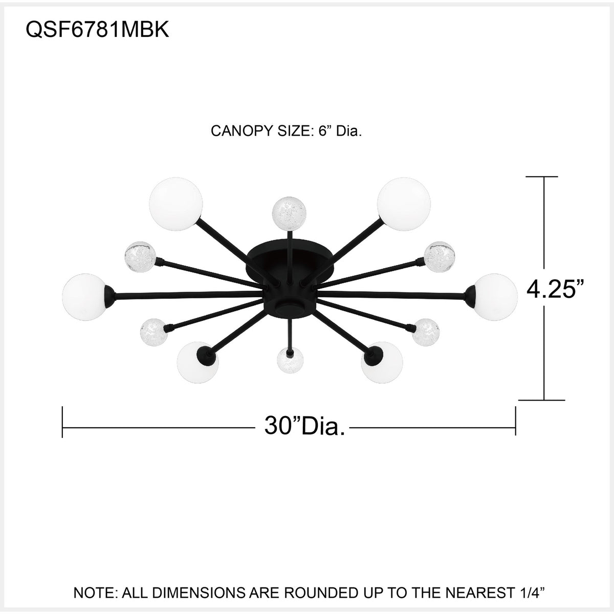 Quoizel Combe 30in 6-Light Semi-Flush Mount | Modern Matte Black and Opal Etched Glass | Living Room & Bedroom | 30 x 30 x 4.25 in | Model QSF6781MBK