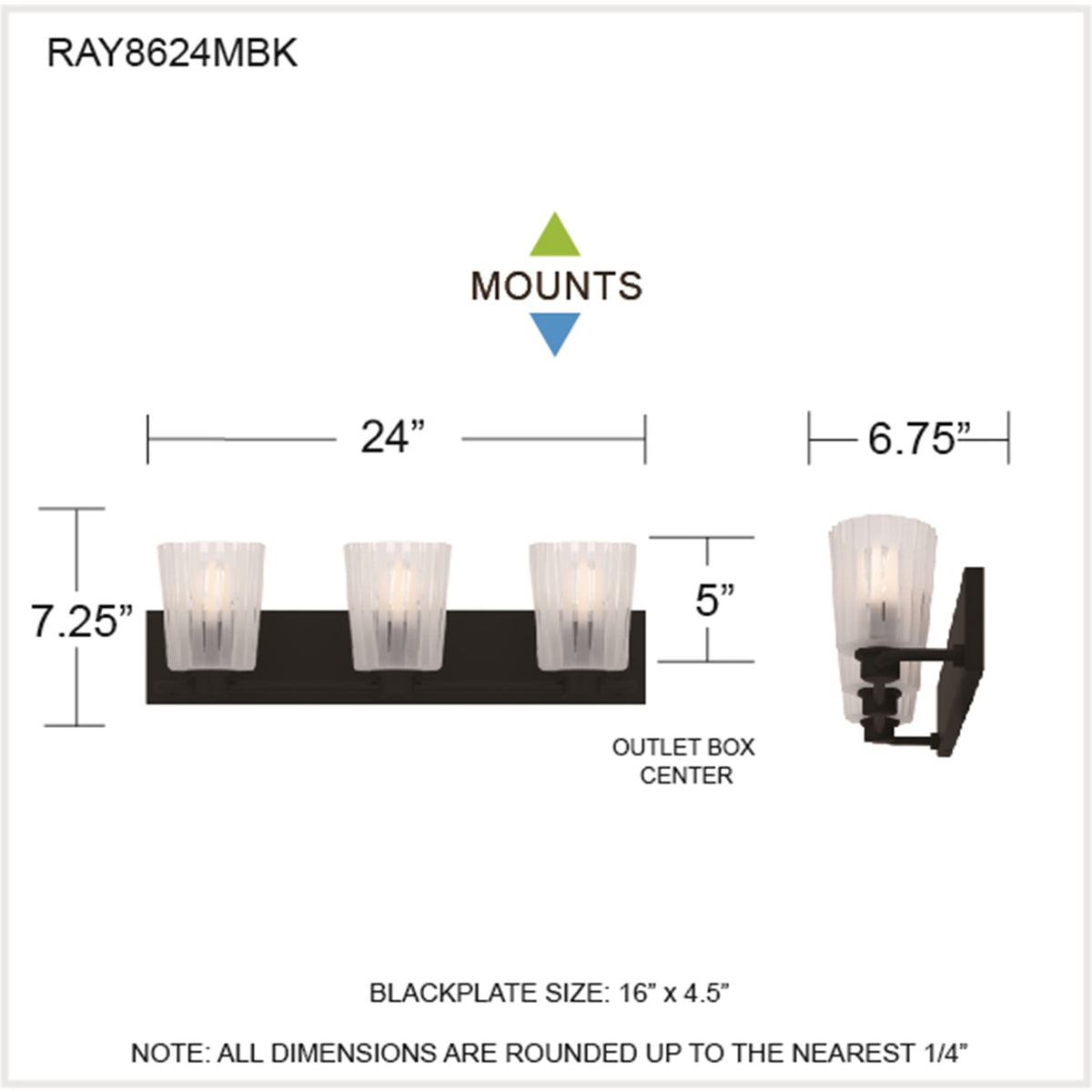 Quoizel Gray 24in 3-Light Vanity Light | Transitional Matte Black and Clear Ribbed Glass | Bathroom Vanity | 24 x 6.75 x 7.25 in | Model RAY8624MBK