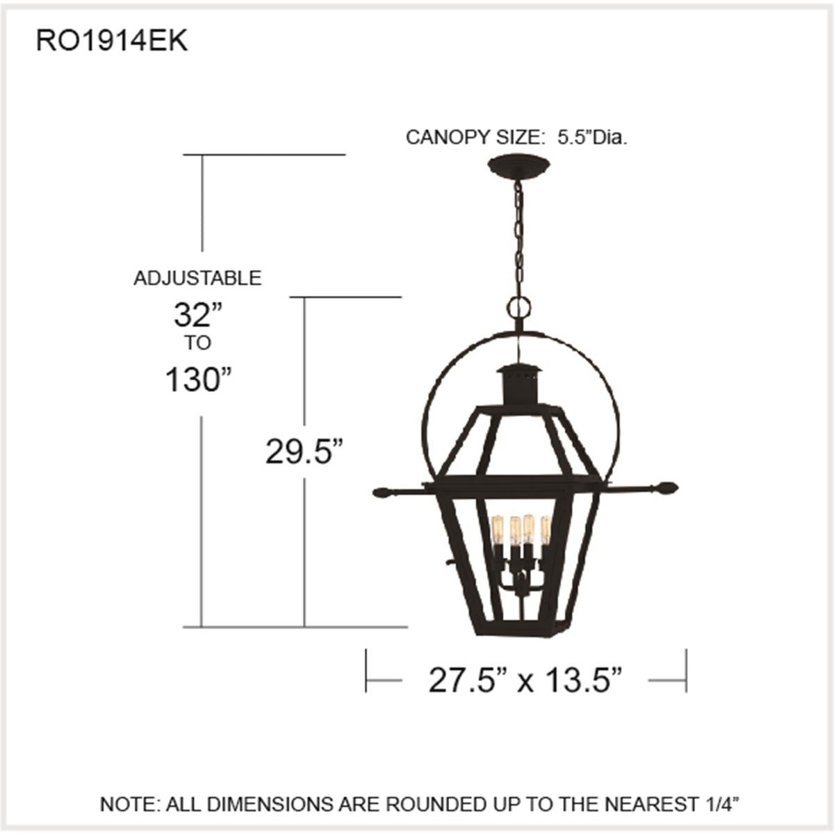 Quoizel Rue De Royal 27in 4-Light Outdoor Hanging Lantern | Traditional Earth Black Coastal Armour Steel and Clear Glass | Front | Model RO1914EK
