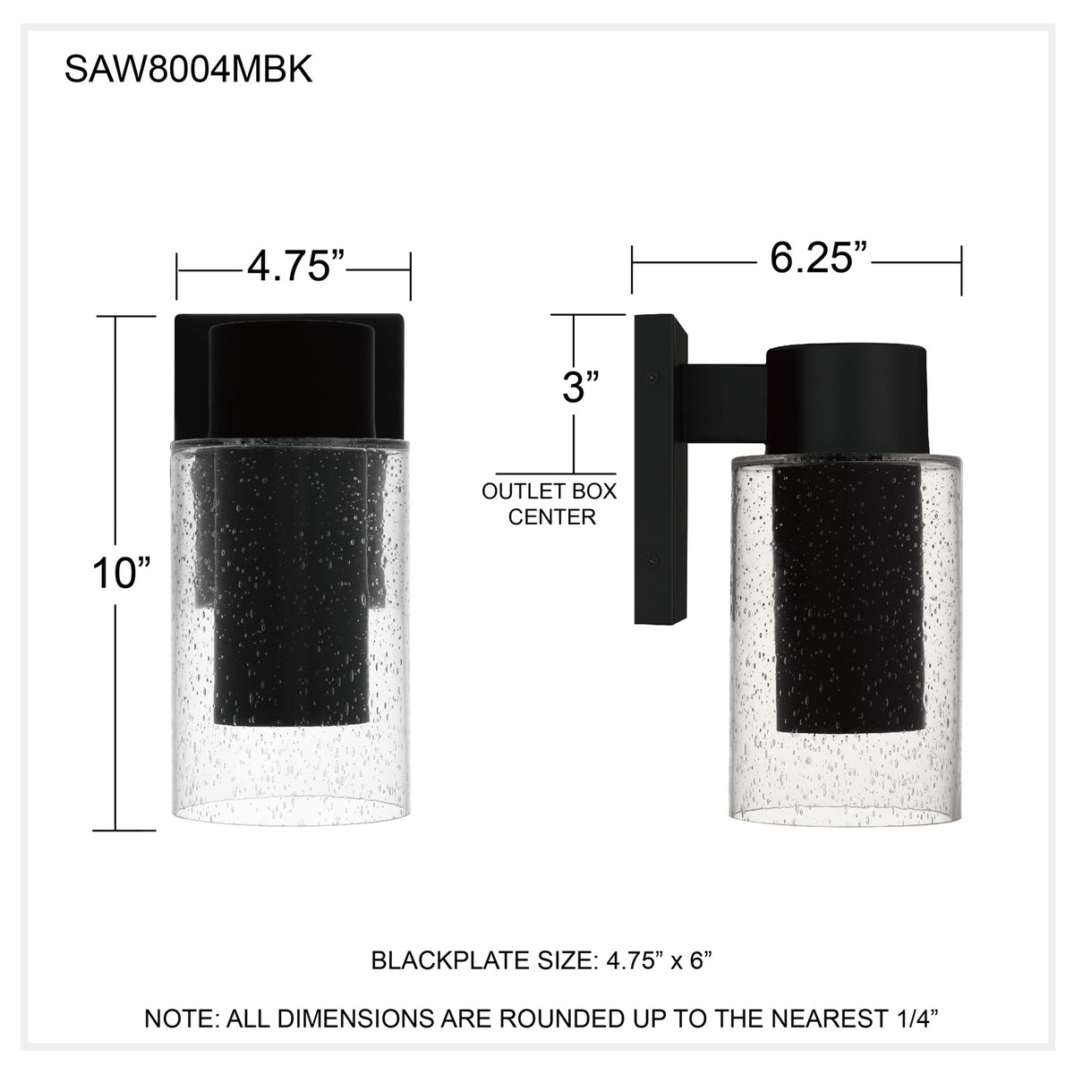 Quoizel Sawyer 5in 1-Light Outdoor Wall Sconce | Modern Matte Black and Clear Seedy Glass | Front Door & Porch | Model SAW8004MBK