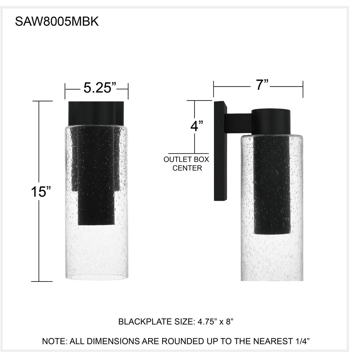 Quoizel Sawyer 15in 1-Light Outdoor Wall Sconce | Modern Matte Black and Clear Seedy Glass | Front Door & Porch | 5.25 x 7 x 15 in | Model SAW8005MBK