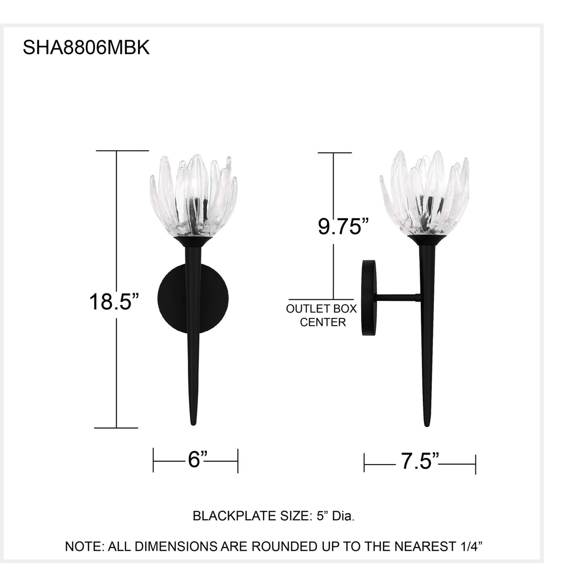 Quoizel Shea 18in 1-Light Wall Sconce | Traditional Matte Black and Clear Glass | Bedroom & Hallway | 6 x 7.5 x 18.5 in | Model SHA8806MBK