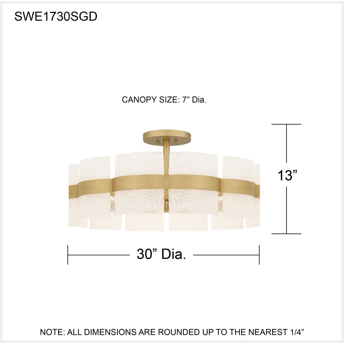 Quoizel Sweeney 30in 6-Light Semi-Flush Mount | Modern Soft Gold and White Sand Glass | Bedroom & Hallway | 30 x 30 x 13 in | Model SWE1730SGD