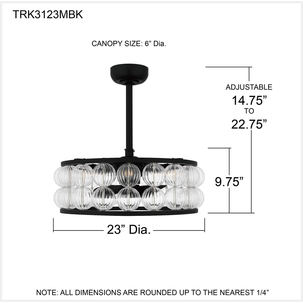 Quoizel Terrarock 23in 4-Light Fandelier | Glam Matte Black and Clear Ribbed Glass | Bedroom & Living Room | 23 x 23 x 9.75 in | Model TRK3123MBK