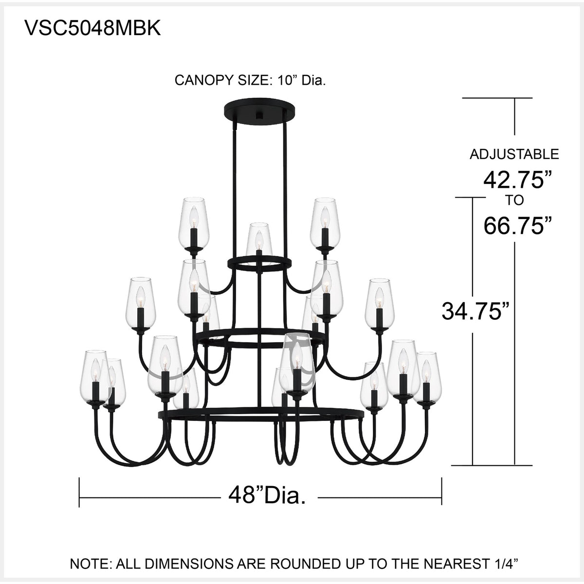 Quoizel Viscount 48in 18-Light Chandelier | Transitional Matte Black and Clear Glass | Dining Room & Foyer | 48 x 48 x 34.75 in | Model VSC5048MBK