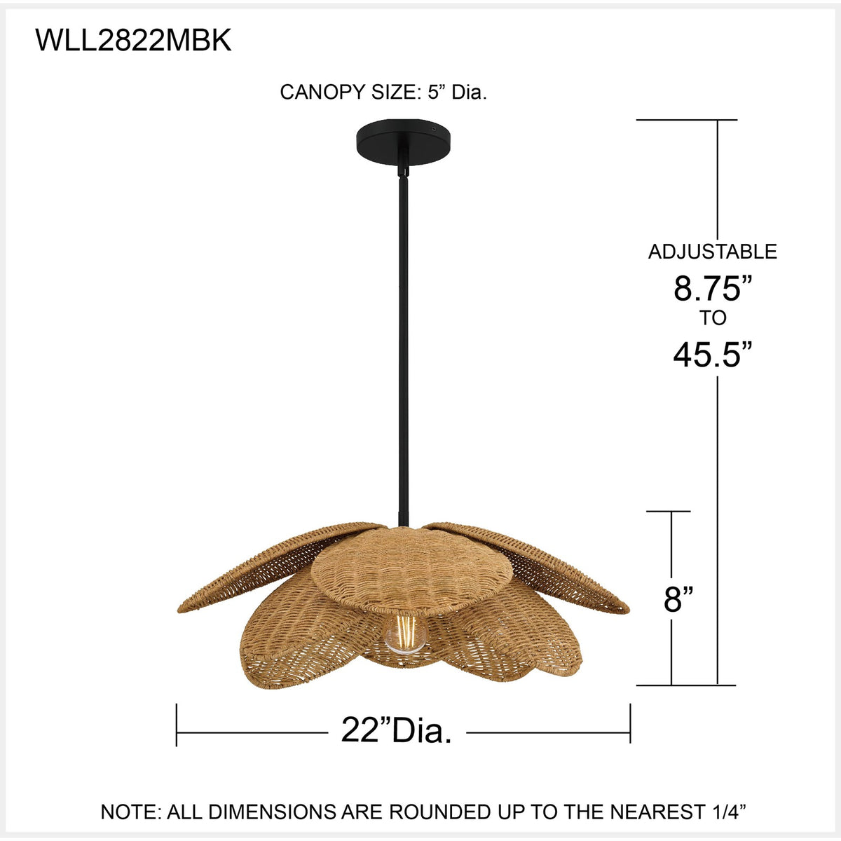 Quoizel Willa 22in 1-Light Pendant | Coastal Matte Black and Natural Rattan | Kitchen Island & Dining Room | 22 x 22 x 8 in | Model WLL2822MBK