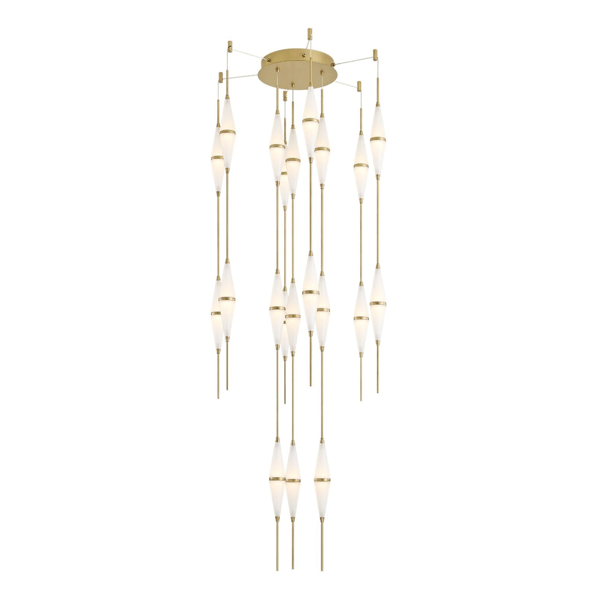Sonneman Cygnus 28in 21-Light Chandelier | Modern Brass Aluminum and Etched Matte Acrylic | Stairwell & Dining Room | 28 x 69.5 in | Model 7715-39-MB