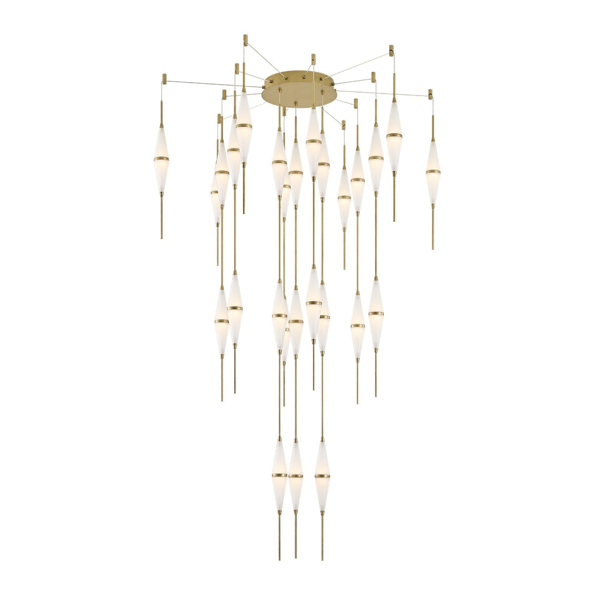 Sonneman Cygnus 44in 27-Light Chandelier | Modern Brass and Etched Matte Acrylic | Foyer & Stairwell | 44.25 x 69.5 in | Model 7717-39-MB