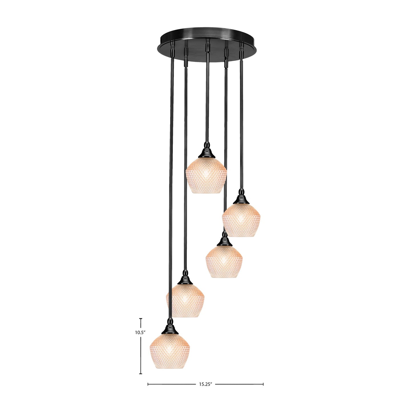 Toltec Empire 15in 5-Light Pendant | Industrial Matte Black Steel and Amber Textured Glass | Kitchen Island & Dining Room | 15.25 x 15.25 x 10.5 in | Model 2145-MB-4623