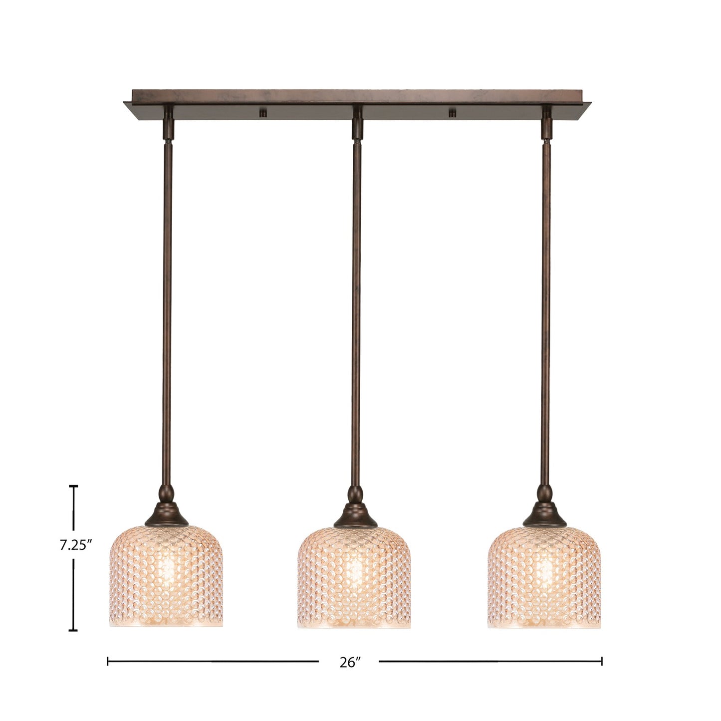 Toltec Stem 26in 3-Light Linear Pendant | Bronze Steel and Amber Textured Glass | Kitchen Island & Dining Room | 26 x 6 x 7.25 in | Model 25-BRZ-4613