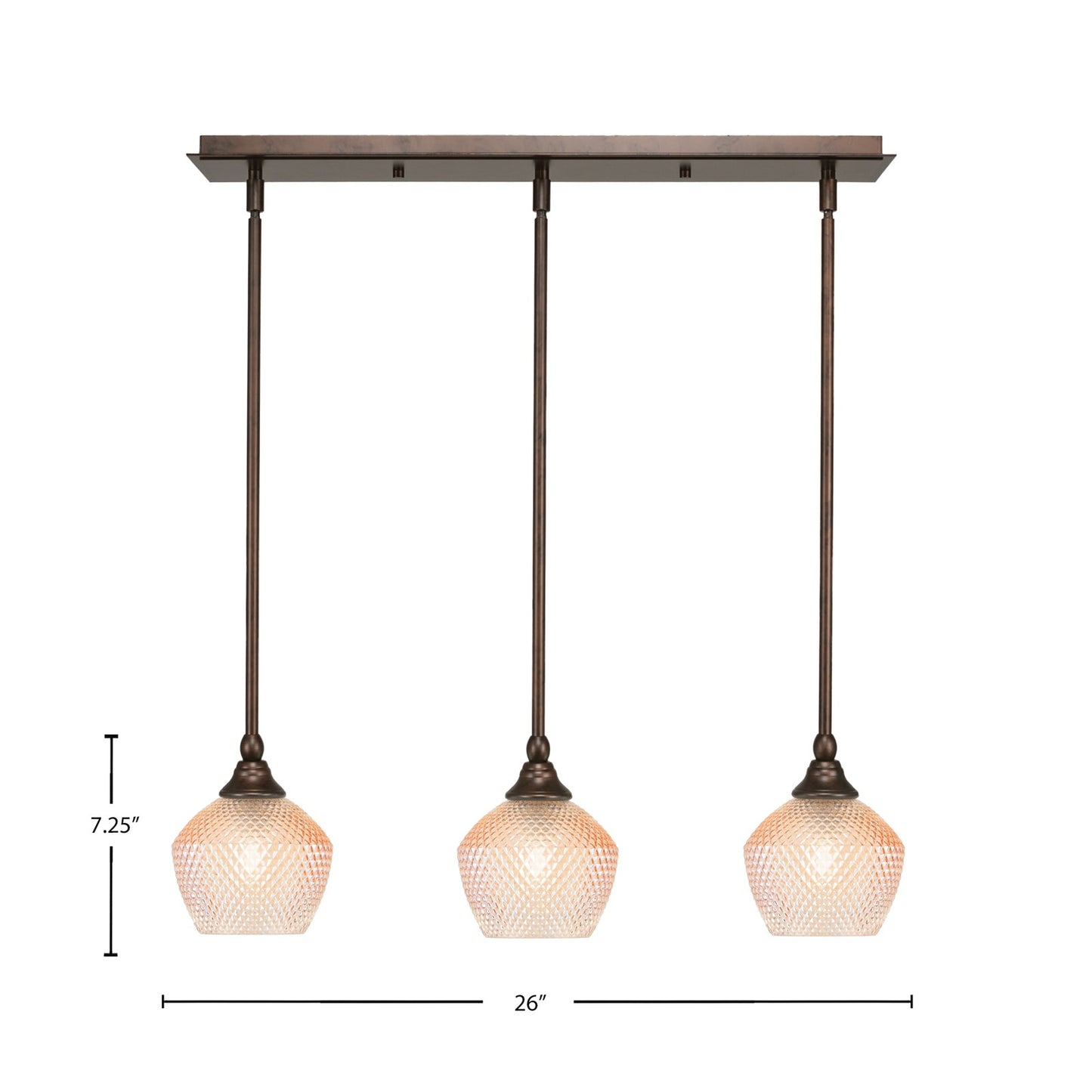 Toltec Stem 26in 3-Light Linear Pendalier | Industrial Bronze Steel and Amber Textured Glass | Kitchen Island & Dining Room | 26 x 6 x 7.25 in | Model 25-BRZ-4623