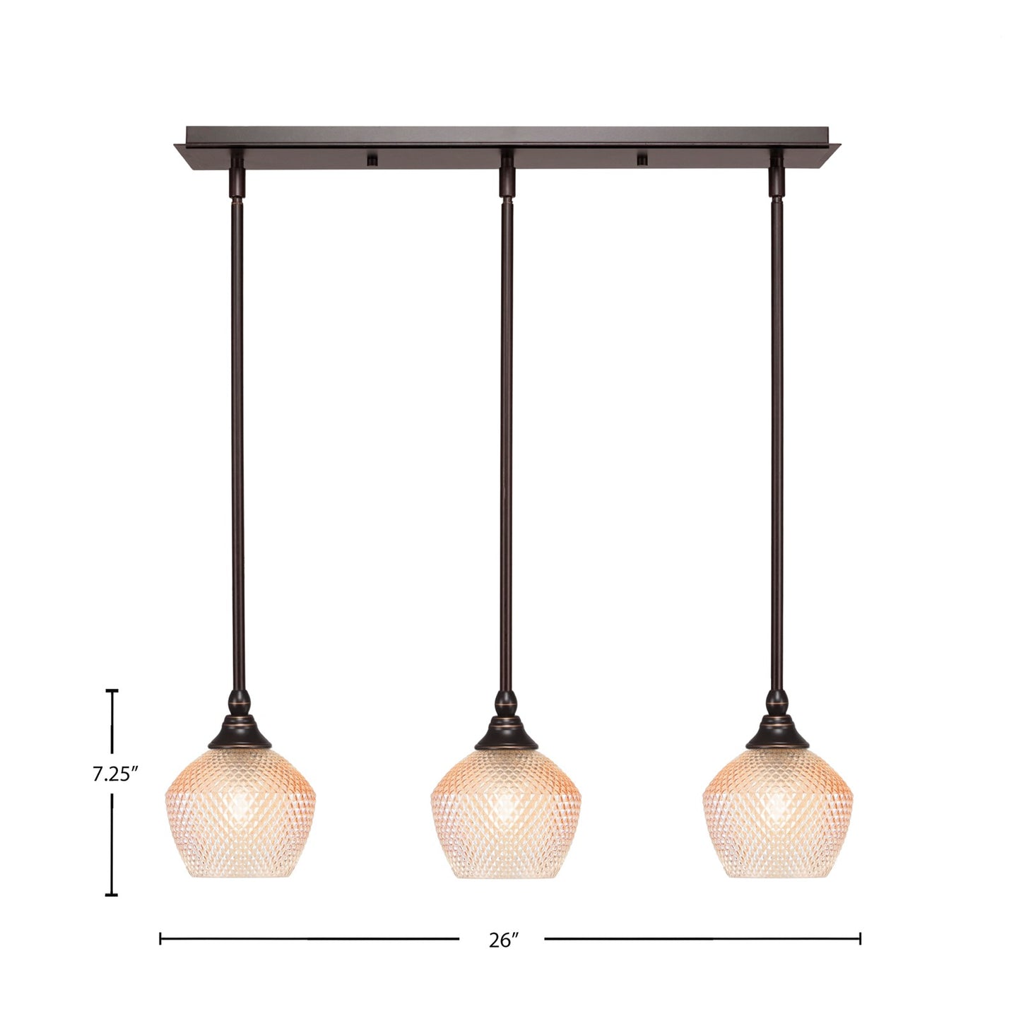 Toltec Stem 26in 3-Light Linear Pendalier | Modern Dark Granite Steel and Amber Textured Glass | Kitchen Island & Dining Room | 26 x 6 x 7.25 in | Model 25-DG-4623